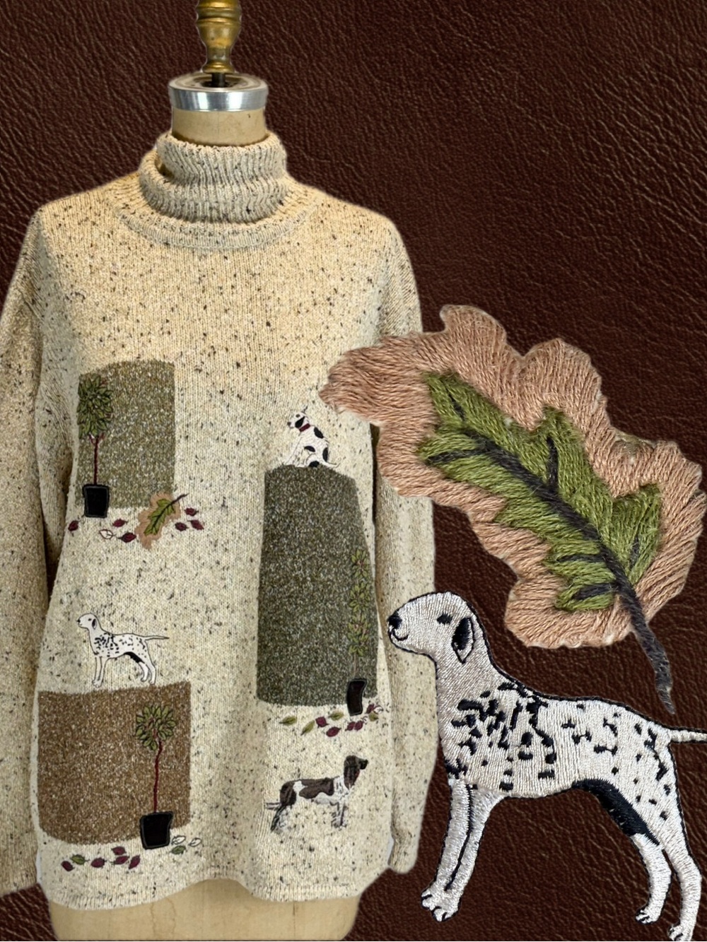 VINTAGE dog knit sweater Dalmatian beagle spaniel embroidered leaf earthy 90s